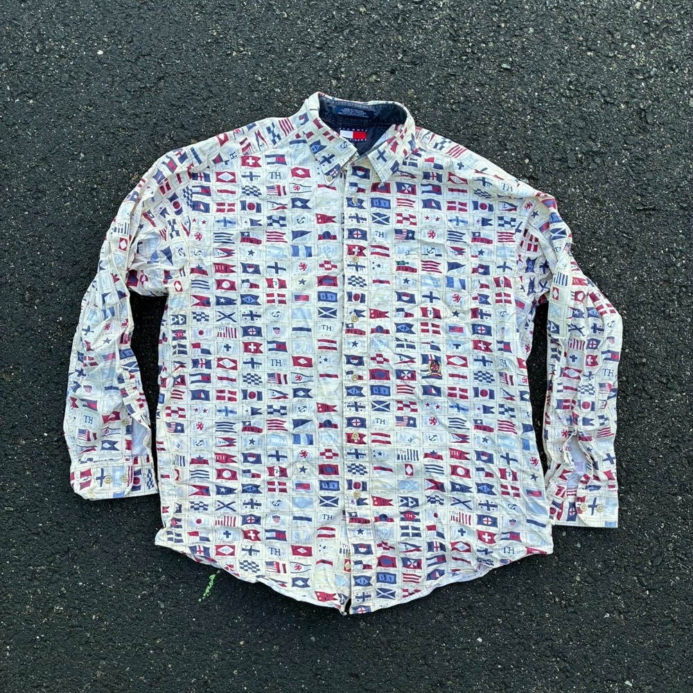 Tommy Hilfiger Button Down Shirt Mens M Sailing Flags Nautical 90s All Over
